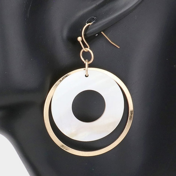 Gold and White 2.15" Mother of Pearl Cut Out Round Drop Hoop Dangle Earrings - Picture 2 of 2